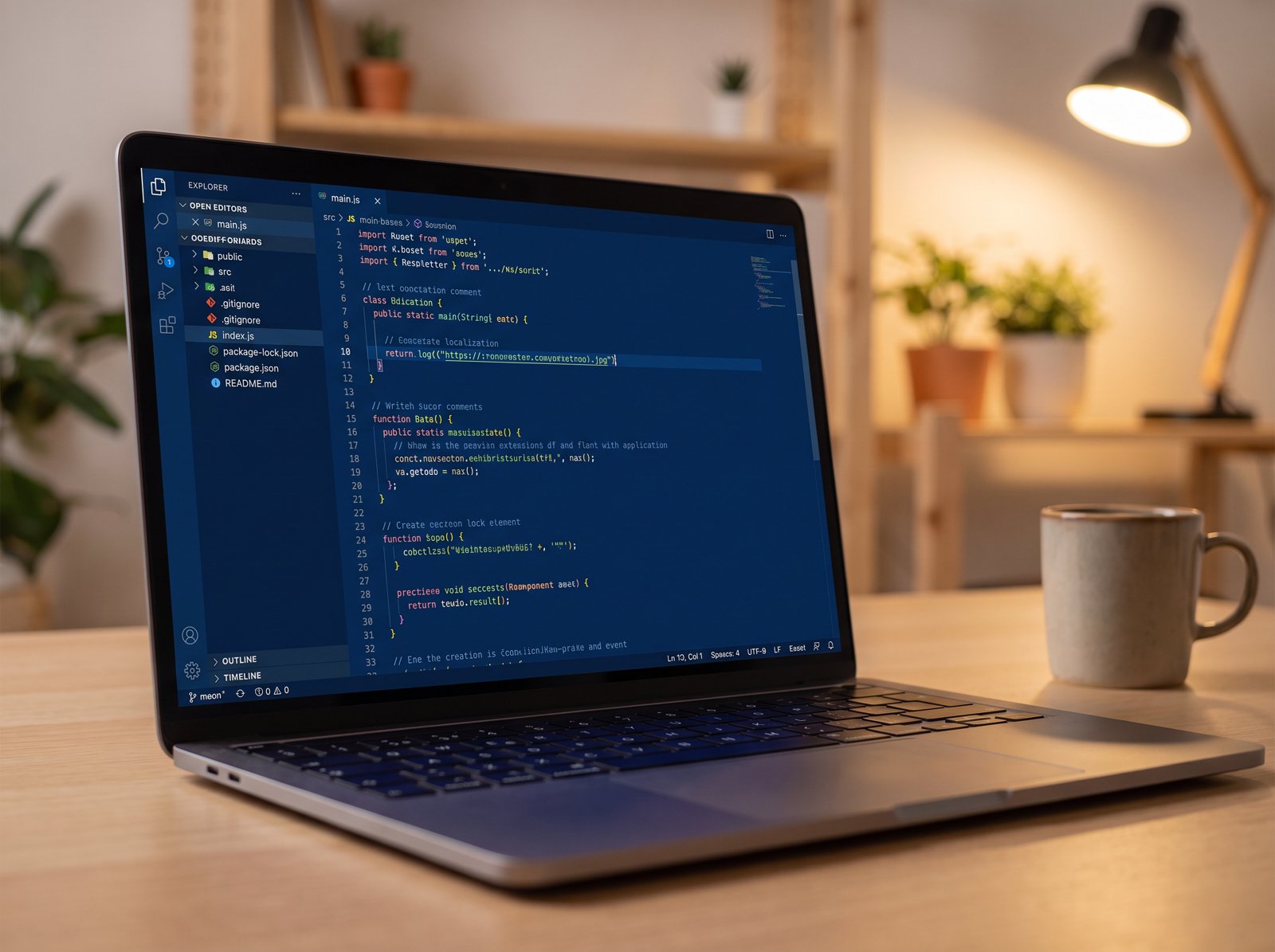 Laptop mit Code-Editor in gemütlicher Arbeitsumgebung